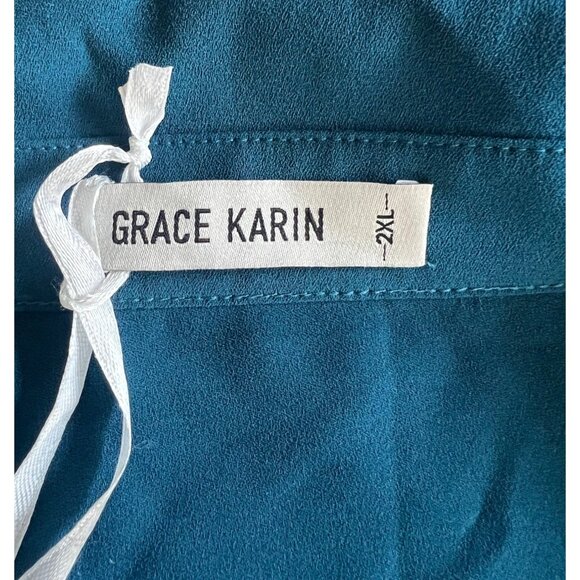 Grace Karin Teal Button-Up Blouse W/ Tie Front & Collared Neckline 2XL - Picture 9 of 16